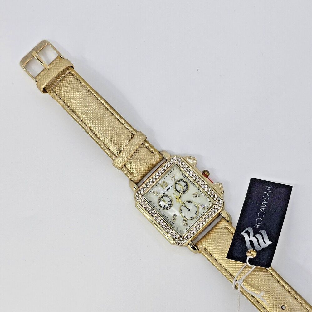 Rocawear Women's Watch 36MM Crystal Bezel Gold Case Gold Faux Leather Bands